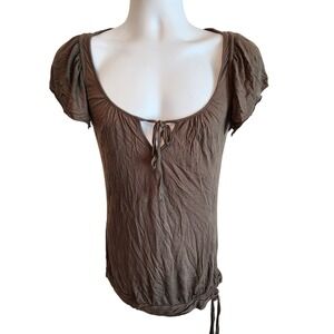 gef France Brown Tie Front Puff Sleeve Top Women's Small Boho Stretch